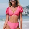 Cupshe Joyful Retro Puff Sleeve Bralette and High Waist Bikini Set