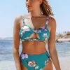 Cupshe Blue Floral Twist Cutout High Waisted Bikini