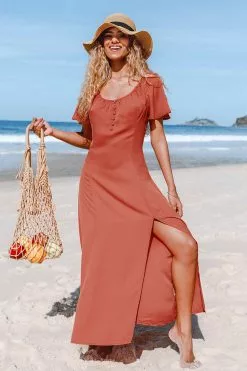 Cupshe Guadalupe Short Sleeve Button Split Maxi Dress