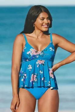 Cupshe Blue Floral High Waisted Plus Size Tankini