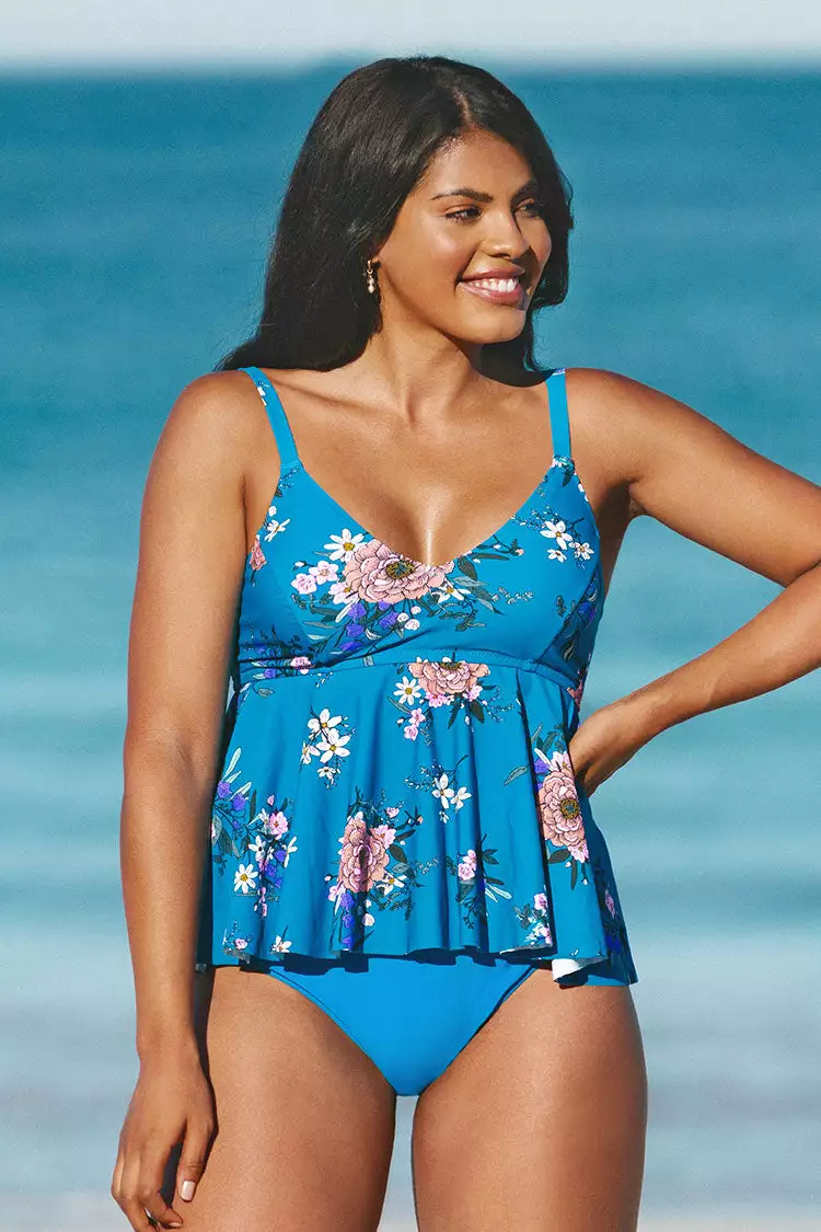 Cupshe Blue Floral High Waisted Plus Size Tankini 1 Cupshe Blue Floral High Waisted Plus Size Tankini