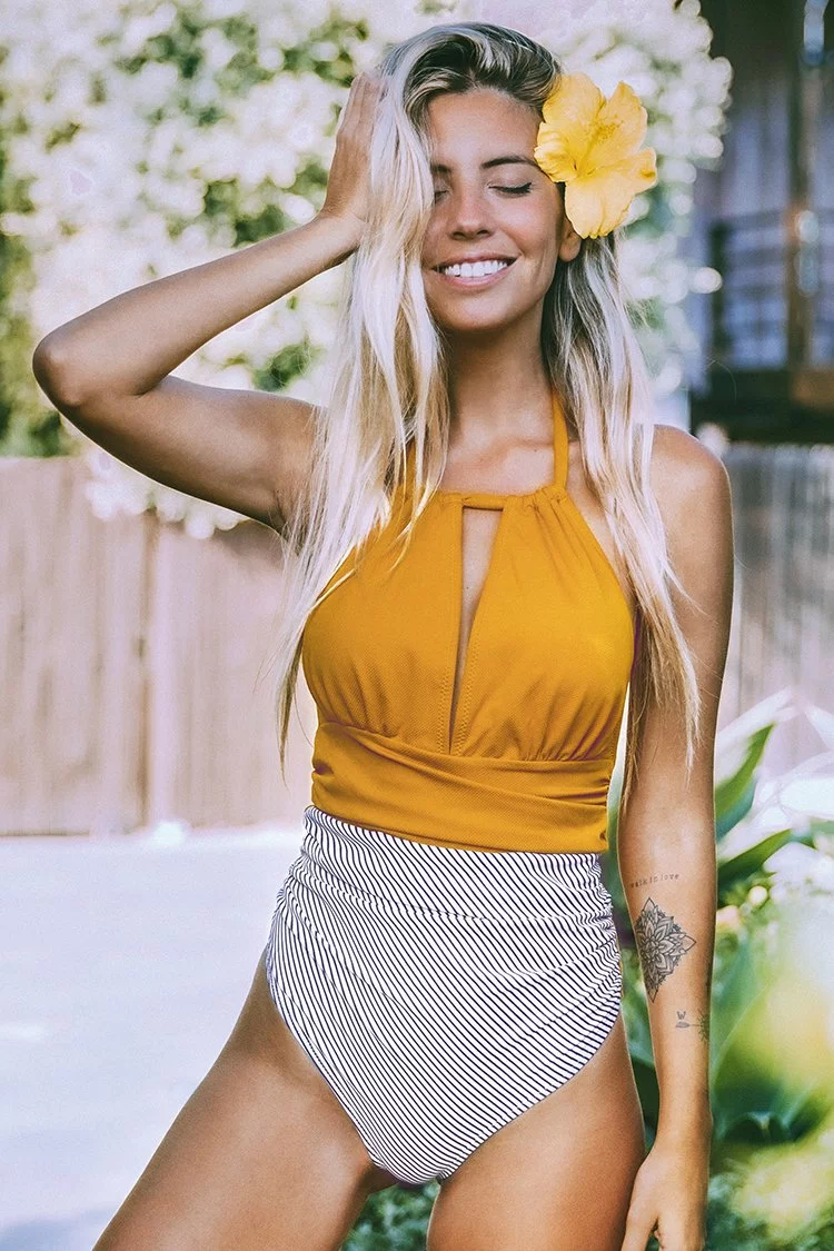 Cupshe Textured and Striped Halter One Piece Swimsuit 1 Cupshe Textured and Striped Halter One Piece Swimsuit