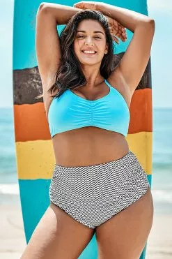 Cupshe Sky Blue and Stripe Print Plus Size Bikini