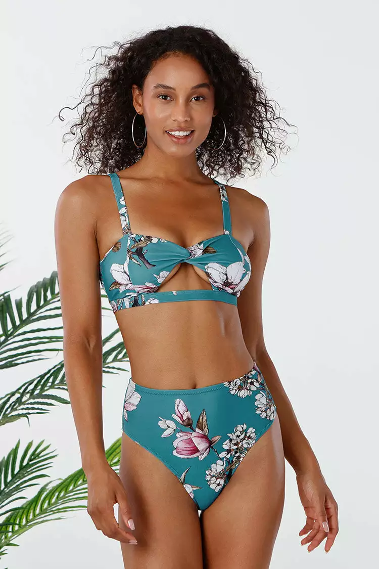 Cupshe Blue Floral Twist Cutout High Waisted Bikini 3 Cupshe Blue Floral Twist Cutout High Waisted Bikini - Image 3