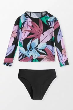 Cupshe Girls' Tropicool Leaf Long Sleeve Swimsuit and Hipster Set