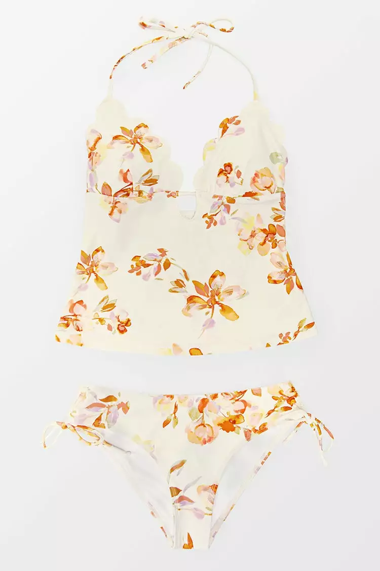 CUPSHE Adeline Floral Plunge Halter Scalloped Low Waisted Tankini 3 CUPSHE Adeline Floral Plunge Halter Scalloped Low Waisted Tankini - Image 3