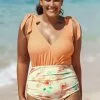 Cupshe Relaxing Flowers Faux Bow Plus Size One Piece Swimsuit