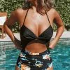 Cupshe Black Floral Print Halter One Piece Swimsuit