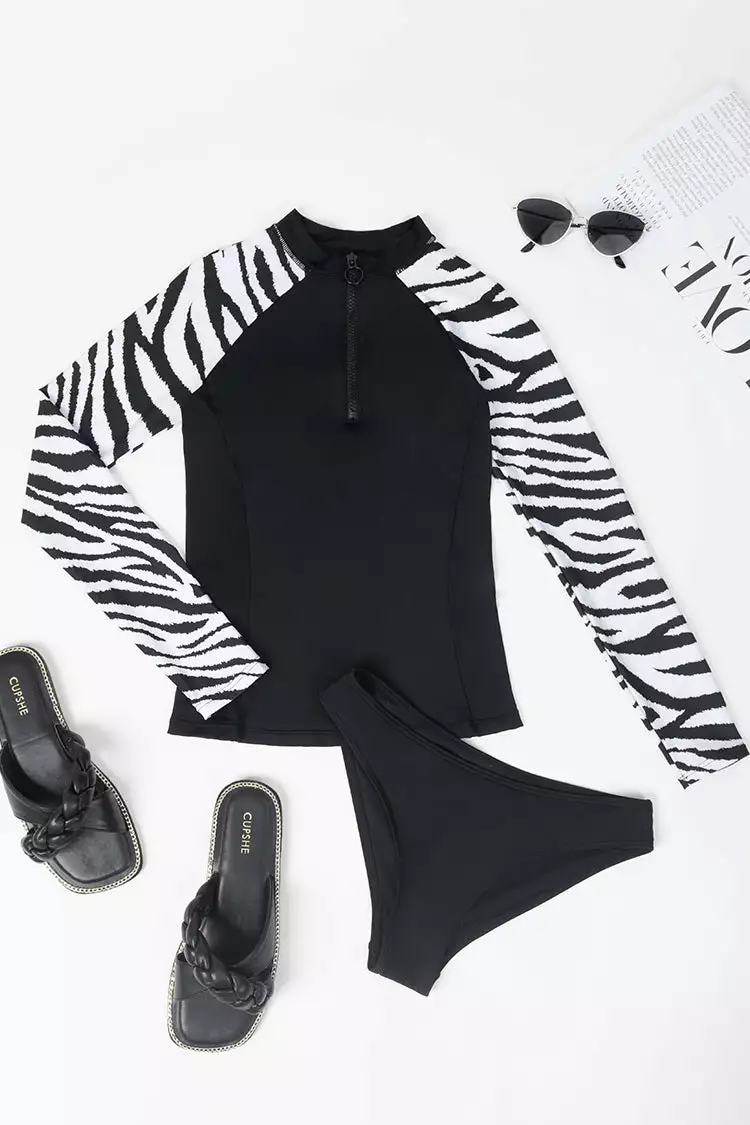Cupshe Zahra Zebra Print High Neck Long Sleeve Tankini 3 Cupshe Zahra Zebra Print High Neck Long Sleeve Tankini - Image 3