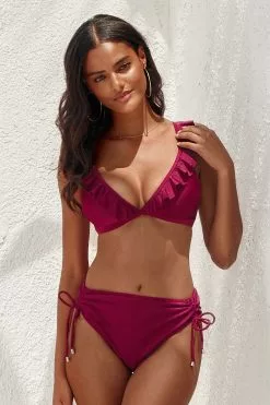 Cupshe Savannah Burgundy Ruffle Crisscross Drawstring Bikini