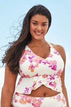 Cupshe Larissa Floral V-neck Ruffle Back Tie Plus Size Tankini Top
