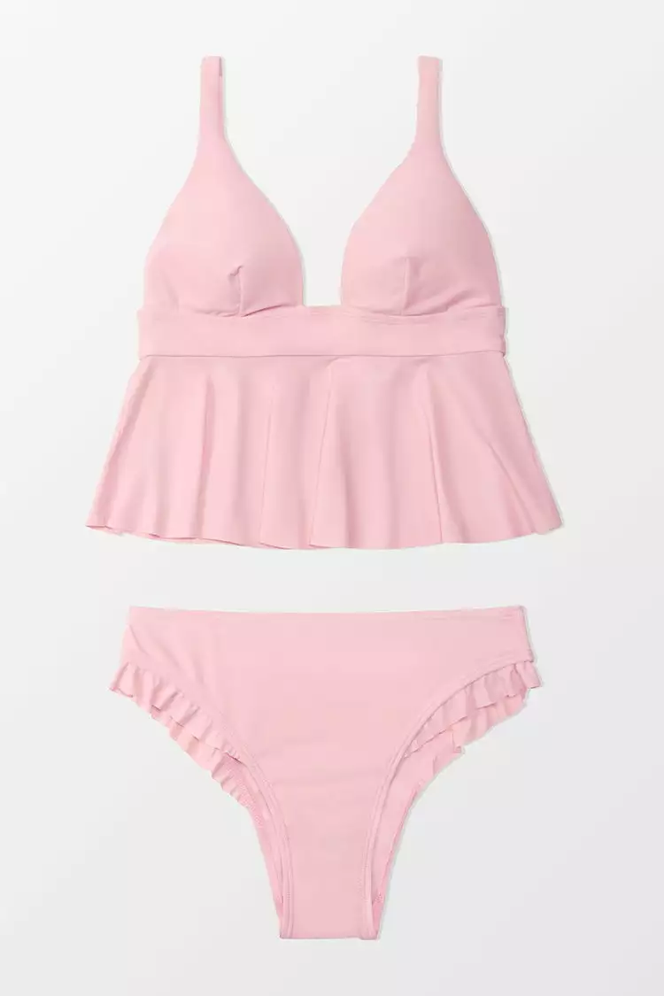 CUPSHE Sidney Pink Plunge Ruffle Tankini 3 CUPSHE Sidney Pink Plunge Ruffle Tankini - Image 3