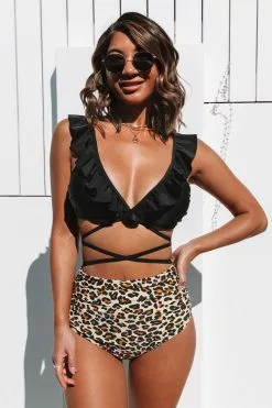 Cupshe Black and Leopard Falbala Bikini