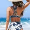 Cupshe Blue and White Leafy High Waisted Bikini