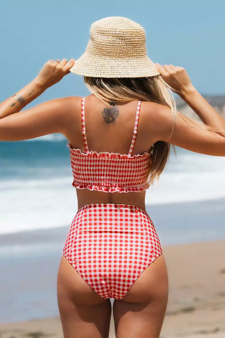 Cupshe Red Gingham Smocked Bikini 4 Cupshe Red Gingham Smocked Bikini - Image 4