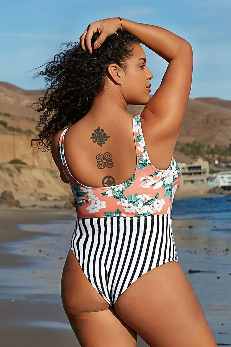 Cupshe Floral and Striped Cutout Knotted Plus Size One Piece Swimsuit 2 Cupshe Floral and Striped Cutout Knotted Plus Size One Piece Swimsuit - Image 2