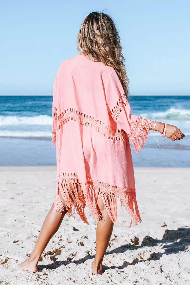 Cupshe Marlee Pink Tassel Crochet Kimono Cover Up 2 Cupshe Marlee Pink Tassel Crochet Kimono Cover Up - Image 2