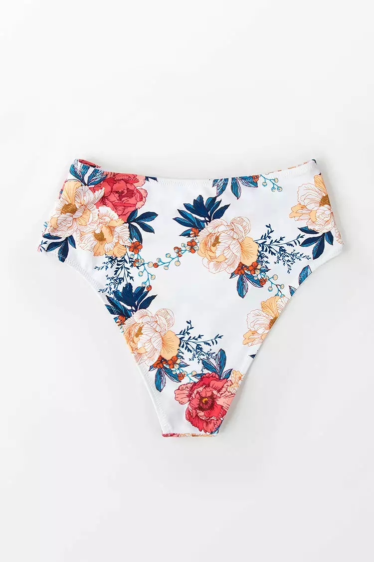 Cupshe White Floral Shirring High Waisted Bikini Bottom 4 Cupshe White Floral Shirring High Waisted Bikini Bottom - Image 4