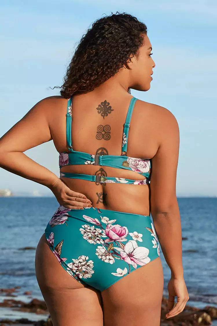 Cupshe Blue Floral Cutout High Waisted Plus Size Bikini 2 Cupshe Blue Floral Cutout High Waisted Plus Size Bikini - Image 2