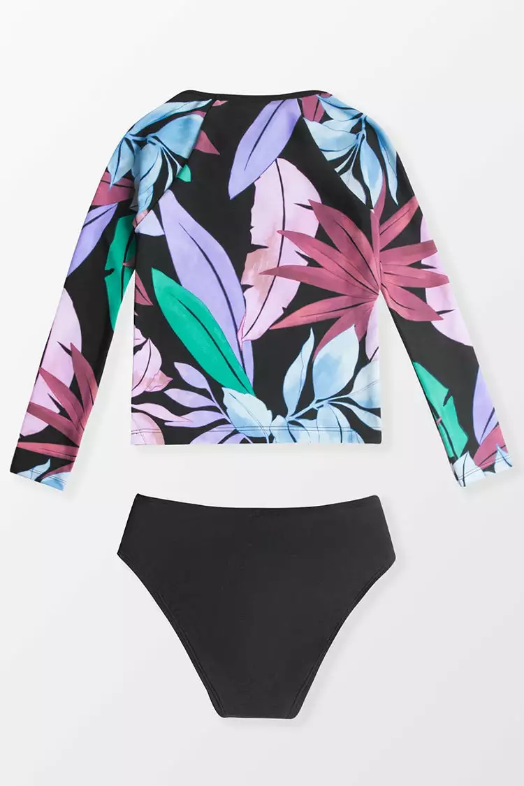Cupshe Girls' Tropicool Leaf Long Sleeve Swimsuit and Hipster Set 2 Cupshe Girls' Tropicool Leaf Long Sleeve Swimsuit and Hipster Set - Image 2