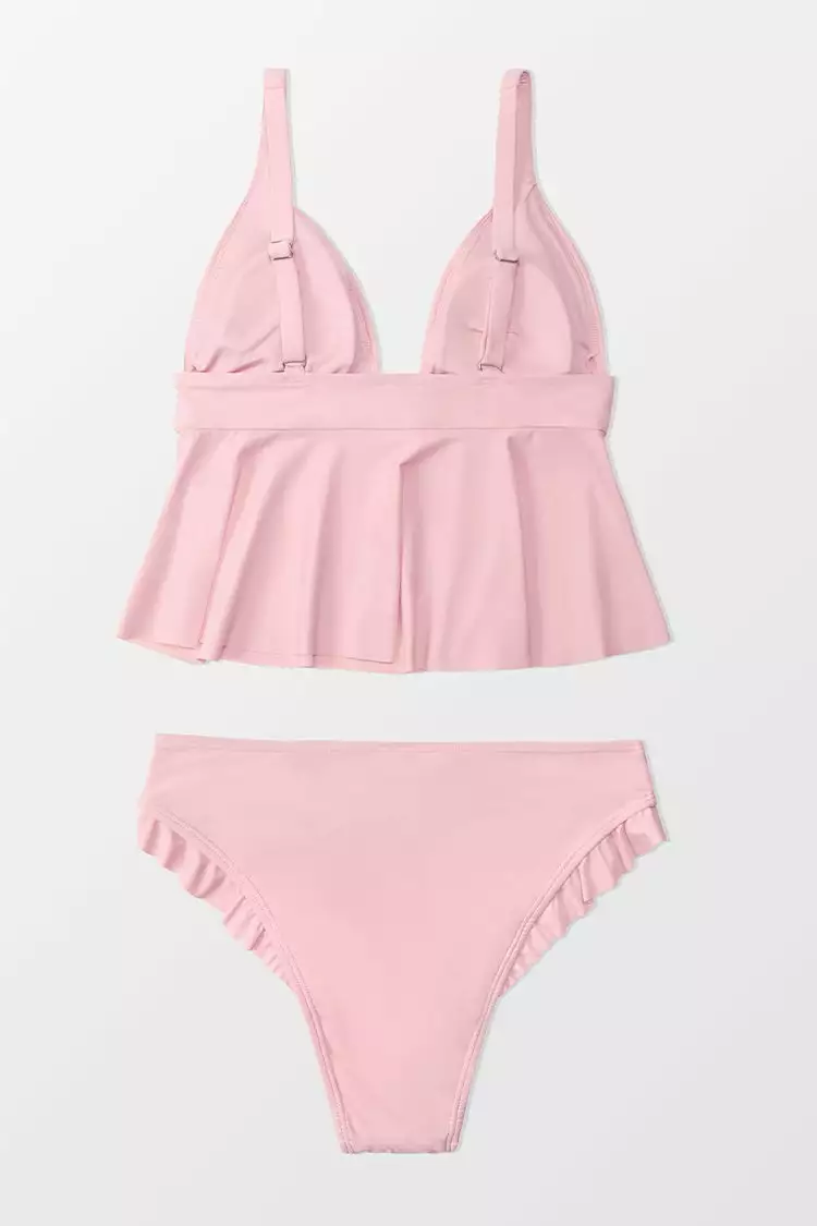 CUPSHE Sidney Pink Plunge Ruffle Tankini 4 CUPSHE Sidney Pink Plunge Ruffle Tankini - Image 4