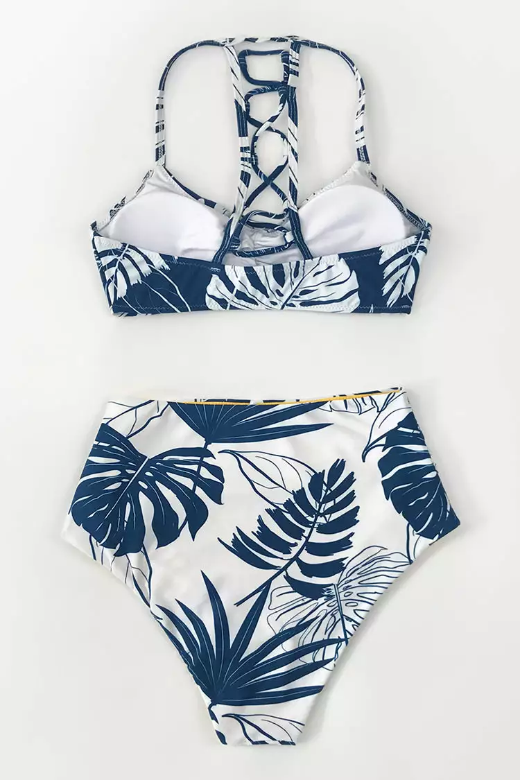 Cupshe Blue and White Leafy High Waisted Bikini 8 Cupshe Blue and White Leafy High Waisted Bikini - Image 8