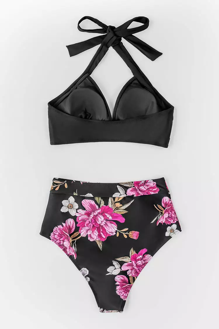 Cupshe Black Floral Halter High Waisted Bikini 7 Cupshe Black Floral Halter High Waisted Bikini - Image 7