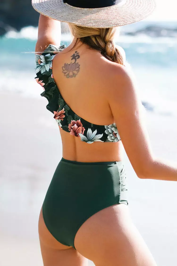 Cupshe Dark Green Floral One Shoulder Ruffle High Waisted Bikini 2 Cupshe Dark Green Floral One Shoulder Ruffle High Waisted Bikini - Image 2