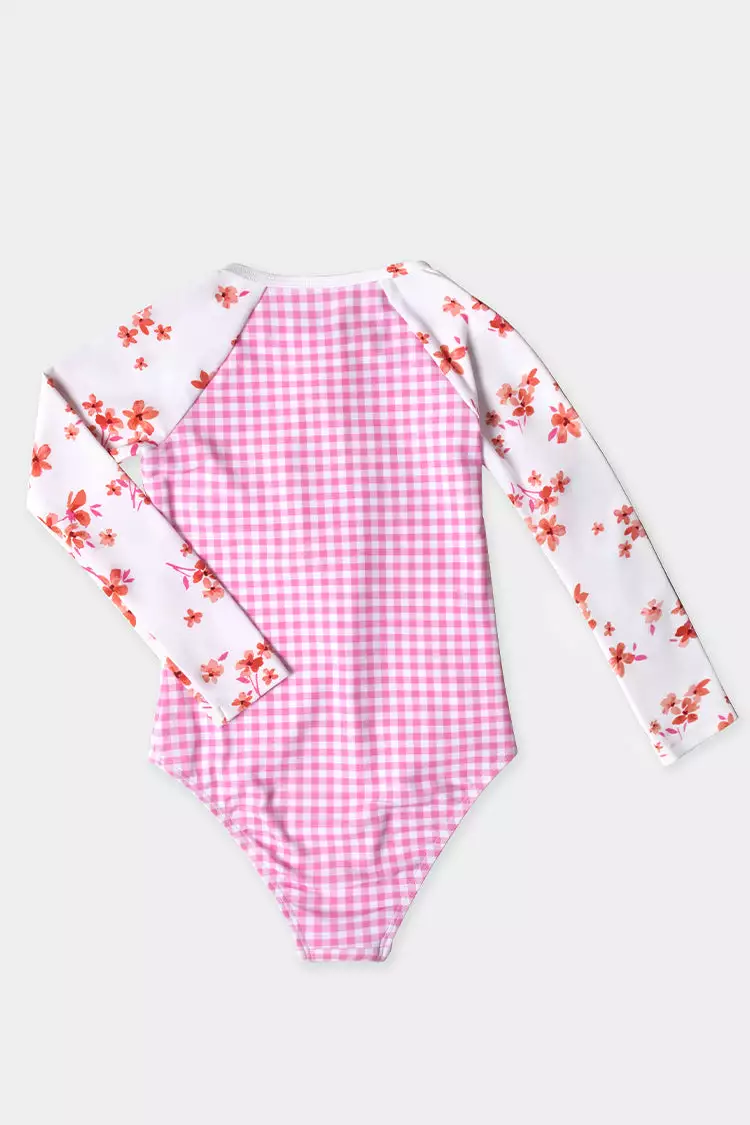 Cupshe Girls' Ditsy Mix Zip Long Sleeve Swimsuit 2 Cupshe Girls' Ditsy Mix Zip Long Sleeve Swimsuit - Image 2