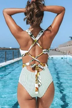Cupshe White Floral and Stripe One Piece Swimsuit