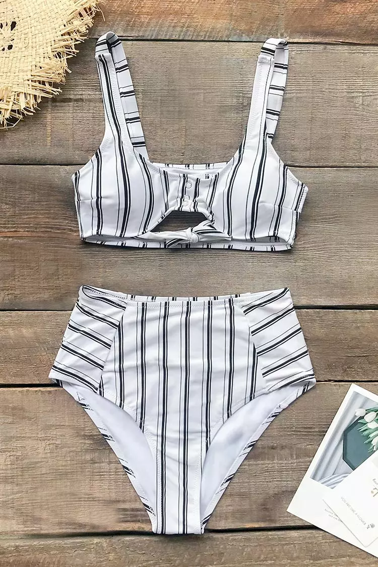 Cupshe Navy and White Vertical Stripe High Waisted Bikini 3 Cupshe Navy and White Vertical Stripe High Waisted Bikini - Image 3