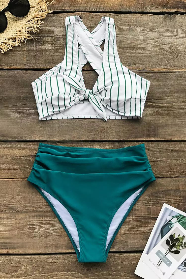 Cupshe Teal Solid and Striped High Waisted Bikini 6 Cupshe Teal Solid and Striped High Waisted Bikini - Image 6
