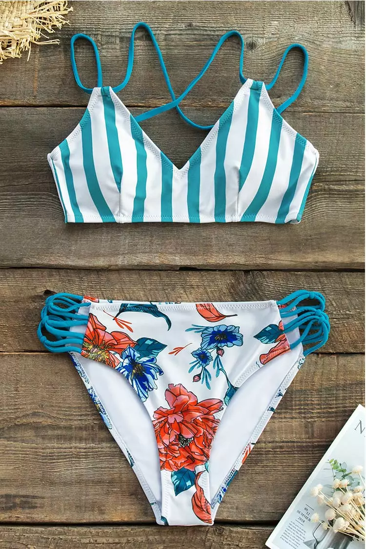 Cupshe Stripe and Floral Strappy Bikini 3 Cupshe Stripe and Floral Strappy Bikini - Image 3