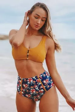 Cupshe Caramel Buttons High Waisted Floral Bikini