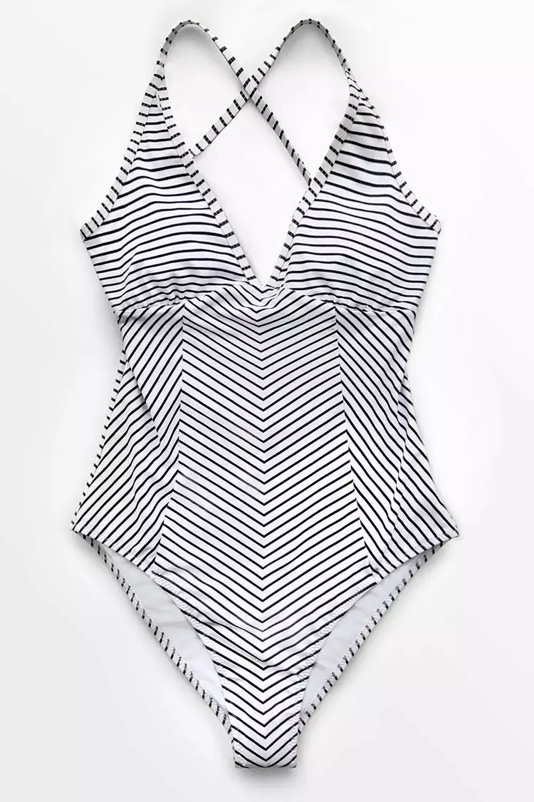 CUPSHE Black And White Stripe V-neck One Piece Swimsuit 3 CUPSHE Black And White Stripe V-neck One Piece Swimsuit - Image 3