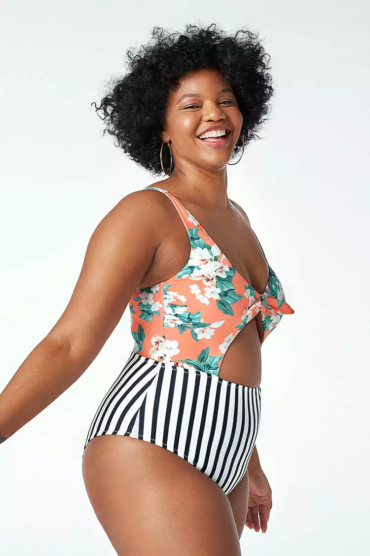 Cupshe Floral and Striped Cutout Knotted Plus Size One Piece Swimsuit 3 Cupshe Floral and Striped Cutout Knotted Plus Size One Piece Swimsuit - Image 3