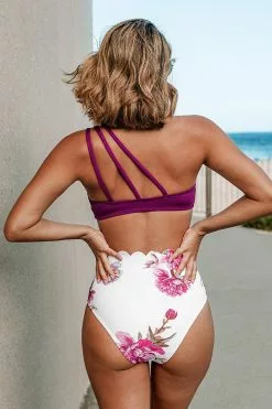 Cupshe Purple And Floral One Shoulder Scalloped Bikini
