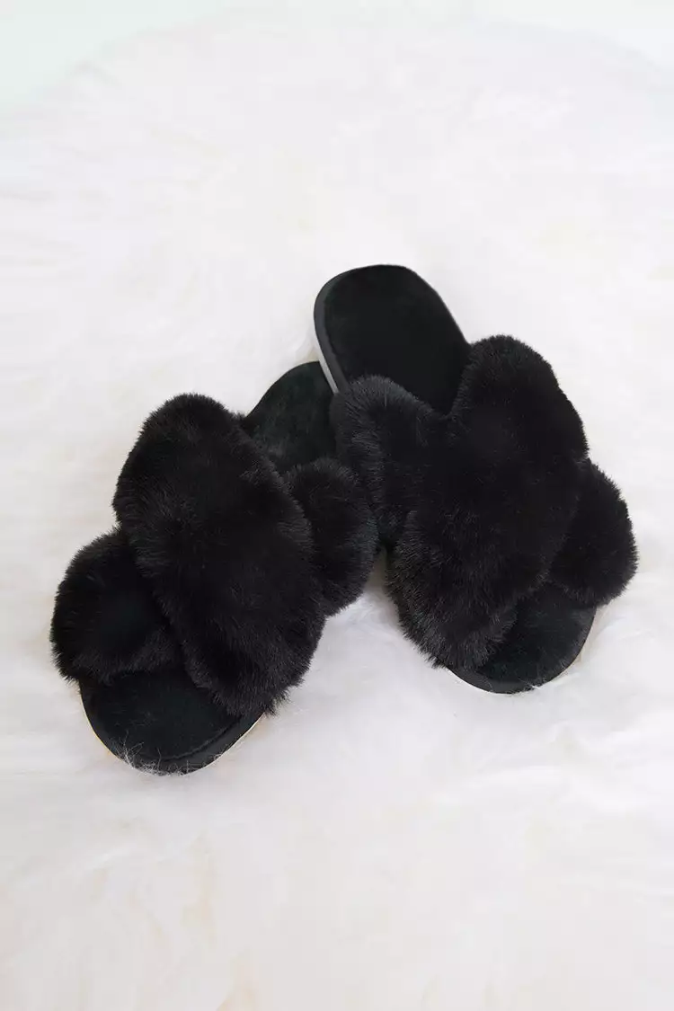 Cupshe Karter Black Cross Strap Fluffy Slippers 4 Cupshe Karter Black Cross Strap Fluffy Slippers - Image 4