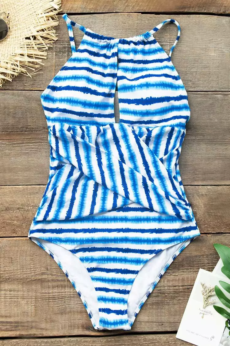 Cupshe Blue Watercolor Stripe One Piece Swimsuit 5 Cupshe Blue Watercolor Stripe One Piece Swimsuit - Image 5