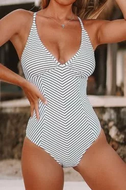CUPSHE Black And White Stripe V-neck One Piece Swimsuit