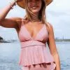 CUPSHE Sidney Pink Plunge Ruffle Tankini