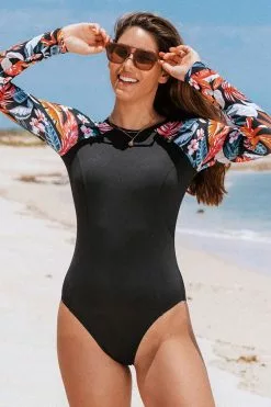 Cupshe Sariyah Tropical Zipper Long Sleeve One Piece Swimsuit
