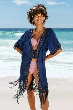 Cupshe Flamenco Navy Front Open Tassel Crochet Kimono