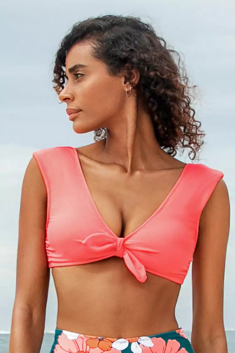 Cupshe Neon Pink Cap Sleeve Knotted Bikini Top 1 Cupshe Neon Pink Cap Sleeve Knotted Bikini Top