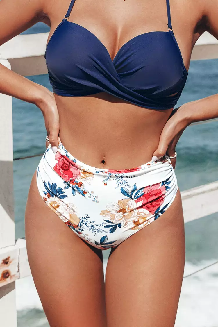 Cupshe White Floral Shirring High Waisted Bikini Bottom 1 Cupshe White Floral Shirring High Waisted Bikini Bottom