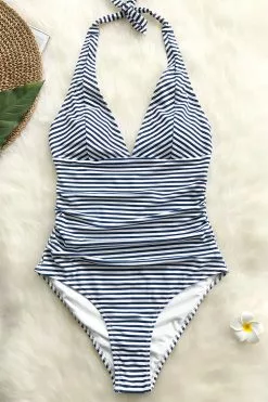 Cupshe Blue and White Stripe Halter One Piece Swimsuit 6 Cupshe Blue and White Stripe Halter One Piece Swimsuit -Deals Cupshe Store IMG 0372
