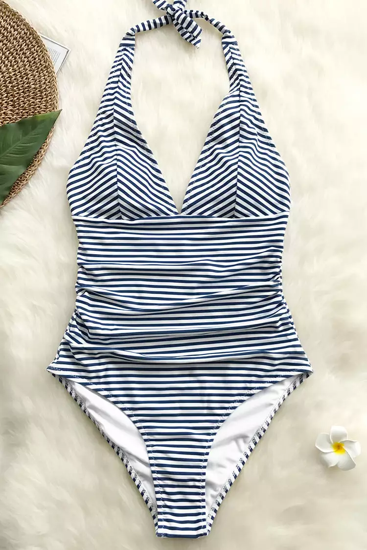 Cupshe Blue and White Stripe Halter One Piece Swimsuit 3 Cupshe Blue and White Stripe Halter One Piece Swimsuit - Image 3