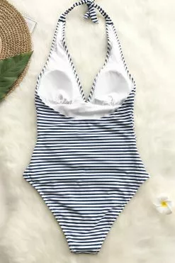 Cupshe Blue and White Stripe Halter One Piece Swimsuit 7 Cupshe Blue and White Stripe Halter One Piece Swimsuit -Deals Cupshe Store IMG 0373