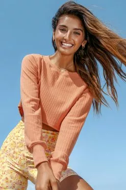 Cupshe Creamsicle Rib Round Neck Crop Sweatshirt